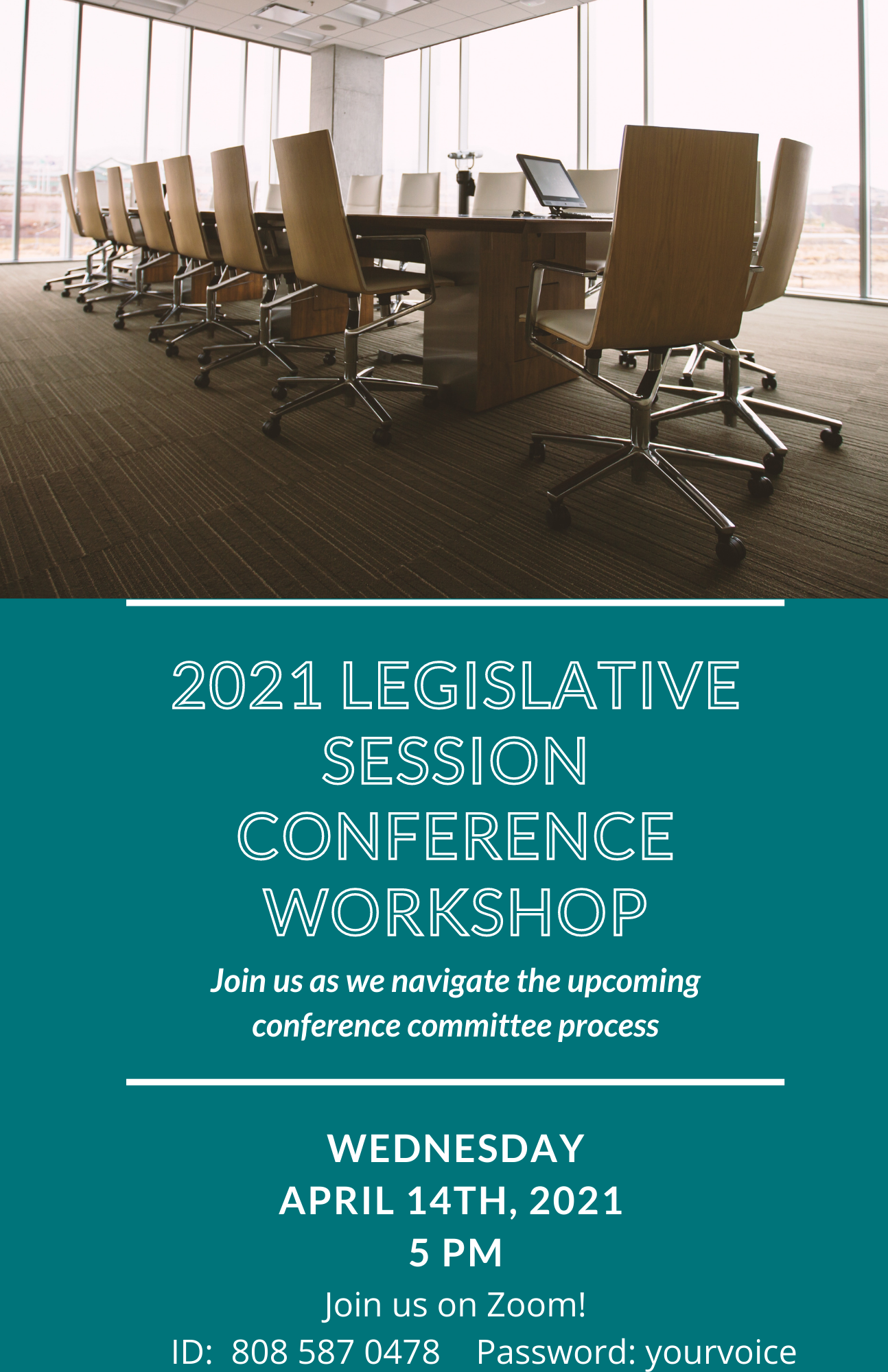 Conference table and workshop info, "Join us as we navigate the upcoming conference committee process"