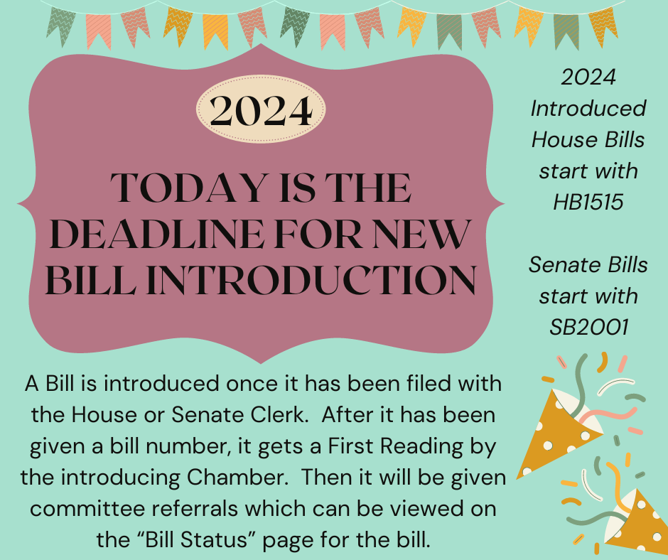 Today is the deadline for new bill introduction. 2024 House bills start with HB1515 and Senate bills start with SB2001.