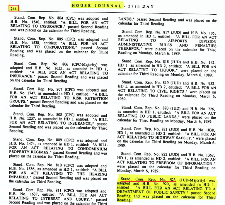 Page from House Journal with a Standing Committee Report highlighted. The number 244 is also highlighted in the upper lefthand corner