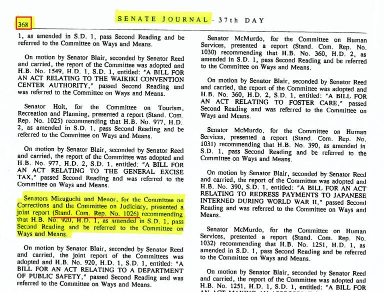 Page from Senate Journal with a Standing Committee Report highlighted. The number 368 is also highlighted in the upper lefthand corner