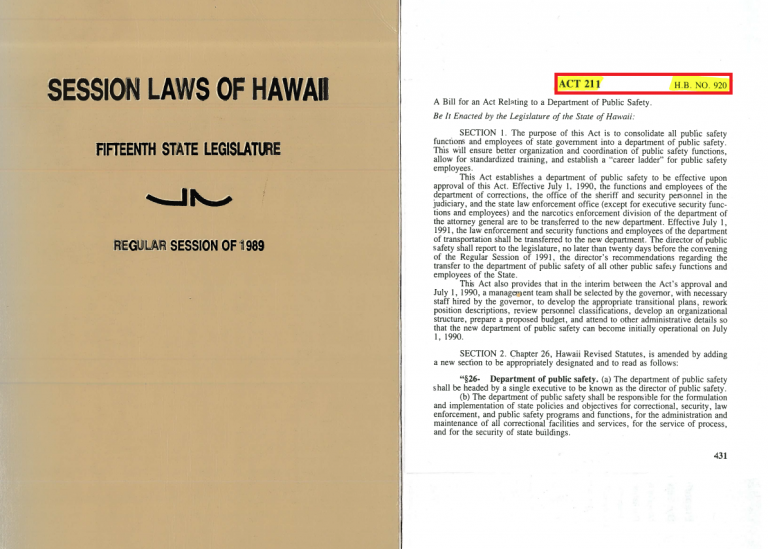 Cover of the Session Laws of Hawaii along with an Act, with the act number and bill number highlighted in the righthand corner